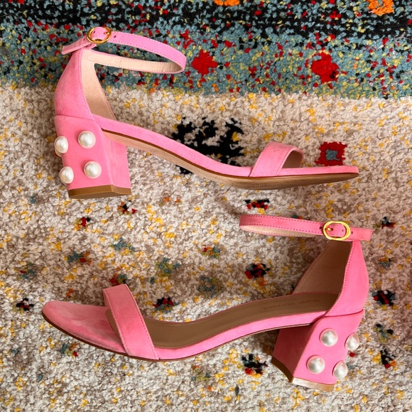 STUART WEITZMAN Simple Pearls Block Heel Pink Suede Sandal - Picture 3 of 5